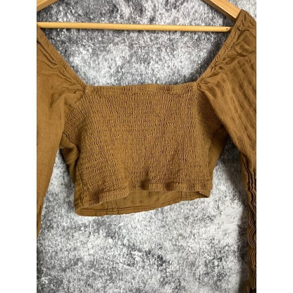 Wild Fable Rust Brown Cropped Ruched Smocked puff Sleeve Top Blouse Womens Small - Picture 9 of 12